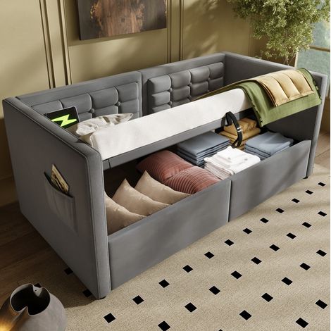 lit adulte canapé rangement 90x190 USB velours gris OKMYHOME (1/5)