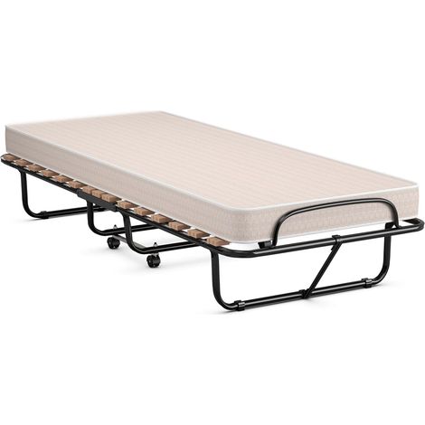 Costway – Lit pliant 1 personne adulte 190x80cm – Matelas en mousse à mémoire de forme 10cm – 4 roulettes – Sommier 15 lattes bois – Pliable et compact (1/5)