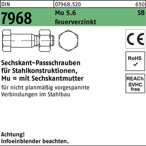 Sechskantpassschraube DIN 7968 CE m.Mutter M 16 x 90 5.6 feuerverzinkt (1/2)