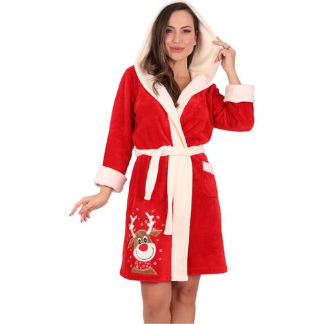 Damen-Plüschbademantel mit Weihnachtsrentier-Motiv, Größe L (1/3)