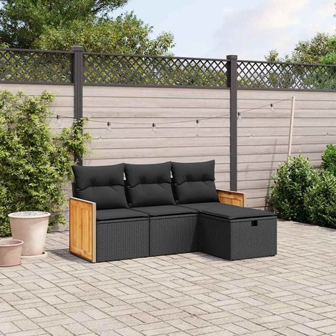 Lot de 4 pièces salon jardin noir résine tressée coussins inclus (1/5)