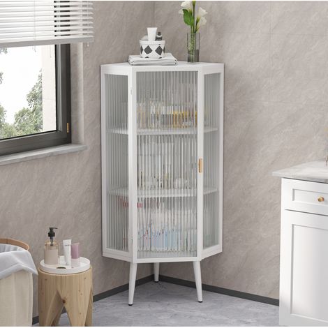 Meuble d’angle sur pied 110 cm à porte vitrée, 3 niveaux, métal et verre trempé blanc OKWISH (1/5)