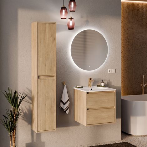 Conjunto de mueble con lavabo empotrado de 50 cm y columna Edmé Bois (1/4)