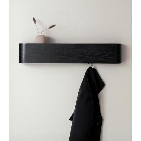 Perchero de pared  Perchero moderno con ganchos ocultos  Panel de chapa de madera maciza  Roble, negro (1/5)