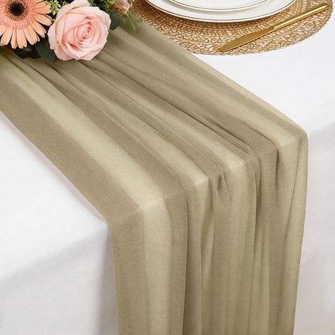 Chemin de table en mousseline champagne, 77x300 cm, doux et élégant pour mariage bohème, fête ou décoration. (1/5)