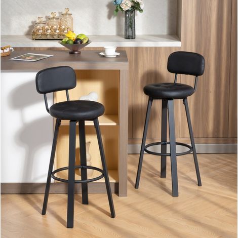 Lote de 2 taburetes de bar negros de similicuir, asiento acolchado, respaldo y reposapiés (1/5)