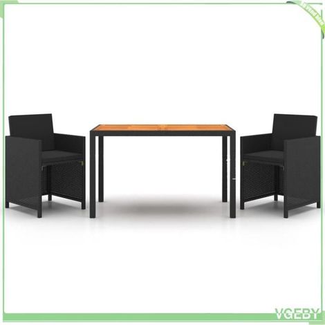 Ensemble à dîner de jardin - FAFEICY - 3095498 - 3 pcs poly rotin noir - plateau acacia - coussins amovibles (1/5)