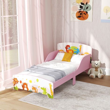 Lettino da pavimento per bambini con stampa animalier, 140 x 70 cm, con base bassa e sicura a doghe in legno, rosa
