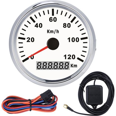 Compteur GPS universel 85 mm étanche antibuée 0-120 km/h pour voiture camion bateau moteur (cadre argenté cadran blanc) (1/5)