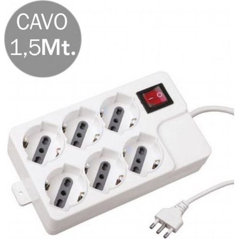 Regleta V-TAC con cable de 1,5 m, 6 tomas de corriente 10/16 A, doble paso + Schuko con interruptor iluminado, enchufe de 16 A, color blanco