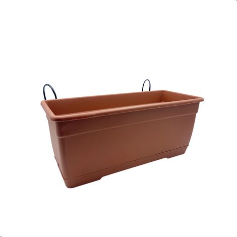 Fioriera per balcone rettangolare con sottovaso integrato - Vaso per piante in resina color mattone con supporto in ferro da appendere - Misura 40x17x (1/5)