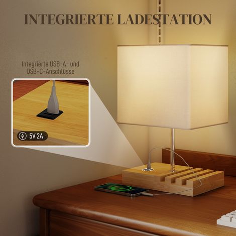 Lampe de chevet en bois et tissu blanc avec ports USB, interrupteur à bascule et compartiments de rangement