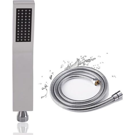 Soffione doccia ad alta pressione con tubo flessibile da 1,5 m, a risparmio idrico, dal design quadrato in acciaio inox, ideale per bagni moderni (1/5)