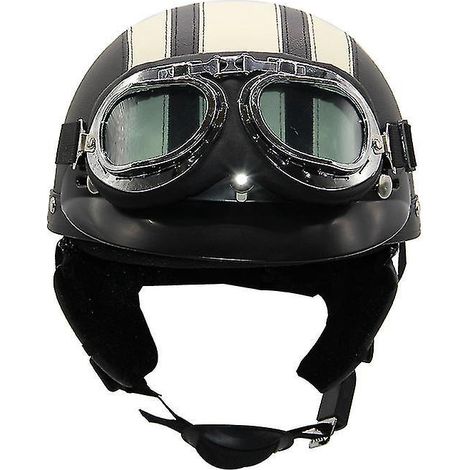 Casque de moto d'été léger en cuir style rétro Harley, avec lunettes de protection, demi-casque tendance, pour véhicules électriques, noir et jaune clair (1/3)
