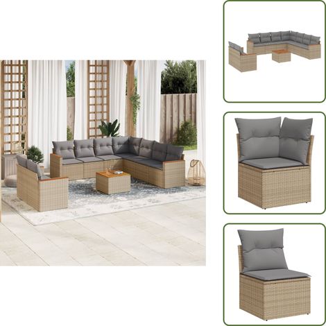 The Living Store 10-tlg. Garten-Sofagarnitur mit Kissen Beige Poly Rattan - Gartenmöbel Set - Lounge Set - Rattan Gartenset - Outdoor Möbel - Esstisch (1/5)