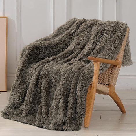 Couverture fausse fourrure marron 127×152,4 cm – microfibre réversible, poils longs, canapé/lit (1/5)