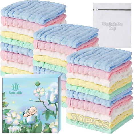Lange Bébé en Mousseline, Coton Naturel Biologique, Bavoir, Doudou, Ultra Doux, Bebe, Gants, Pour Peaux Sensibles Nouveaux-nés, Idéal Comme Cadeau Naissance, Lot de 30, 25x25cm (Sac en filet à laver) (1/5)