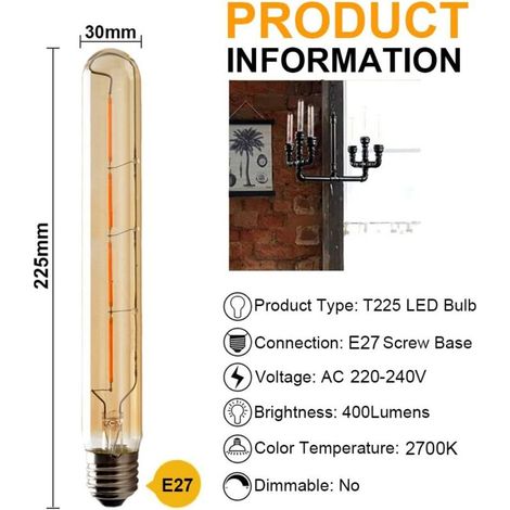 Lot de 5 Ampoules T225 Long Tube, Filament LED Edison, 6W Culot E27 Blanc Chaud, Verre Ambré Pour Décorative Ampoule, AC 220-240V