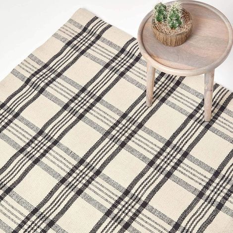 HOMESCAPES Logan Black and White Tartan Check Non-Slip 100% Wool Rug, 70 x 120 cm