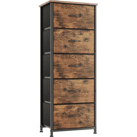 Commode, Meuble de Rangement pour Chambre, Colonne de Rangement en Tissu avec 5 Tiroirs, Cadre en Métal, Plateau Bois (1/5)