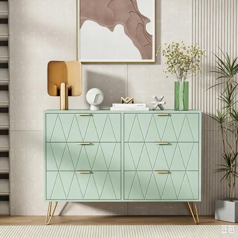 UEV Commode, Armoire avec 6 Tiroirs, Meuble de Rangement Chambre Enfant/Adulte, 100 x 34 x 73cm, Buffet Salon, Style Scandinave Elégant, Vert Clair (1/5)