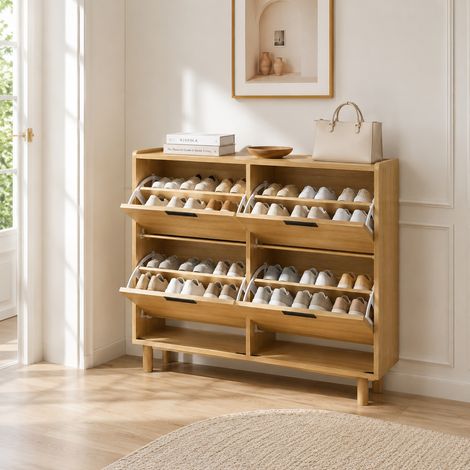 Meuble à chaussures 100x24x95 cm avec Portes en Rotin, Meuble de rangement de entrée, 4 portes basculantes avec étagères amovibles, Chêne (1/5)