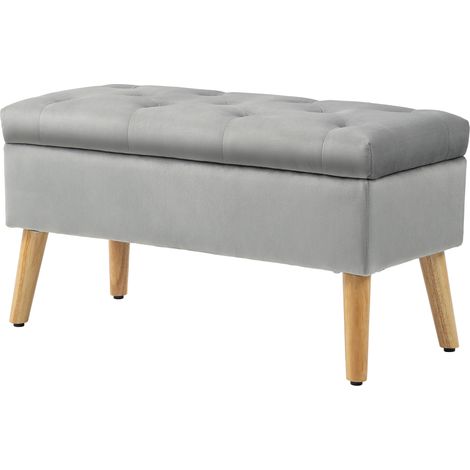 Banc coffre de rangement velours pieds bois charge max 120 kg 80 x 35 x 42 cm gris