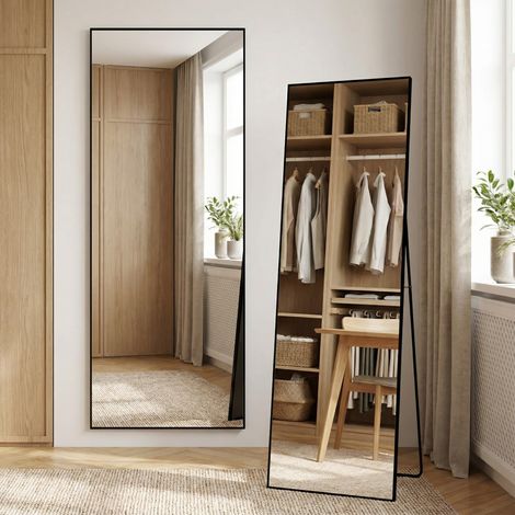 Miroir sur Pied Design 164x54 cm - Grand Miroir Rectangulaire Mural ou Autoportant avec Cadre en Aluminium Antidéflagrant - Noir
