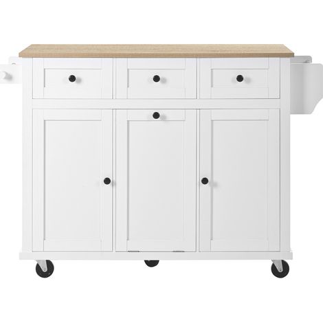 Îlot de cuisine mobile avec plateau extensible, rangement intégré et poubelle, blanc (1/5)