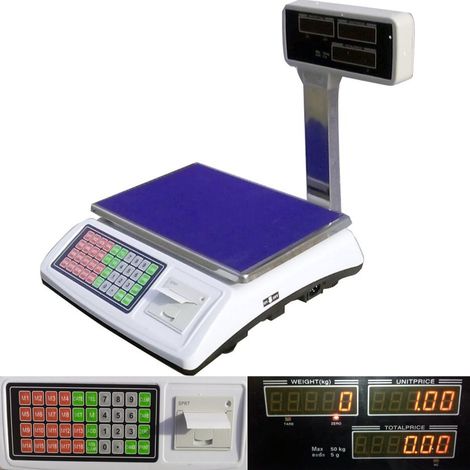 Trade Shop Traesio – Balance professionnelle digitale de table 50kg – Affichage numérique – Alimentation 220V ou batterie rechargeable – Reçus inclus