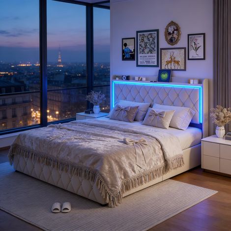 Lit Coffre 140x200 cm avec Éclairage LED RGB et Prise USB C, Cadre de Lit Double Rembourré en Velours Beige, Tête de Lit avec Rangement et Prises de Charge, Structure Métallique Stable sans Bruit (1/5)