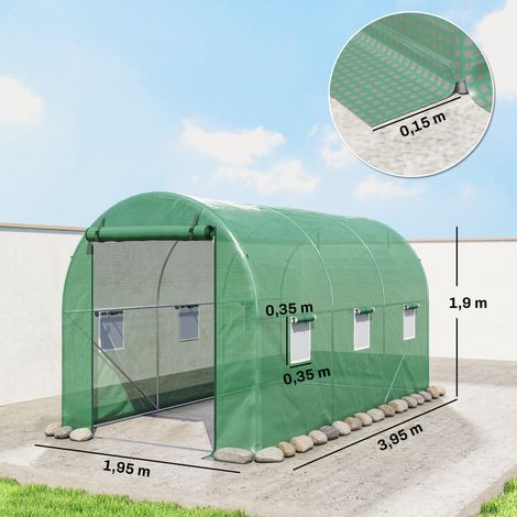Rundbogen-Gewächshaus, 6 Netzfenster, transparente Folie, Metallrahmen, 3,95 x 1,95 x 1,90m, Grün (1/5)