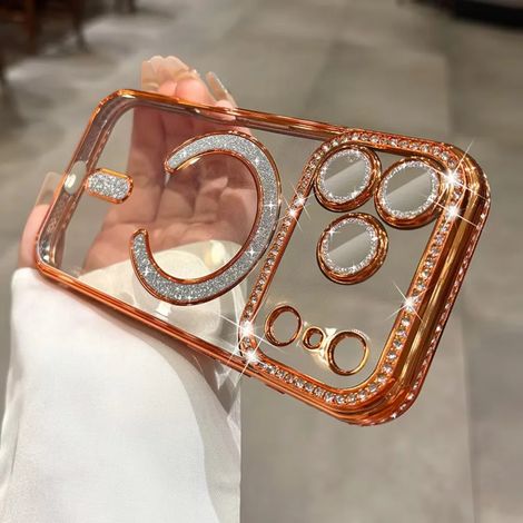 (iPhone 17 Pro, Orange) Coque magnétique pour iPhone, coque souple transparente scintillante en forme de diamant, protection intégrale de l'appareil photo.