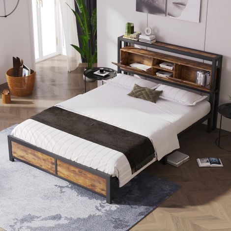 FOREHILL – Lit adulte 140x200 cm métal noir et naturel – Tête de lit avec rangement – Sommier à lattes – Design industriel moderne (1/5)