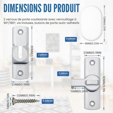 loquets verrous pour porte coulissante, verrouillage réglable argent, fermeture de sécurité pour chambre, balcon et salle de bain (1/4)