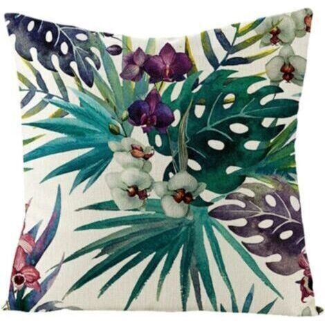 Housse de coussin décorative en lin, motif fleurs et feuilles, pour chambre, salon, canapé, vert, violet, 45 x 45 cm (1/4)