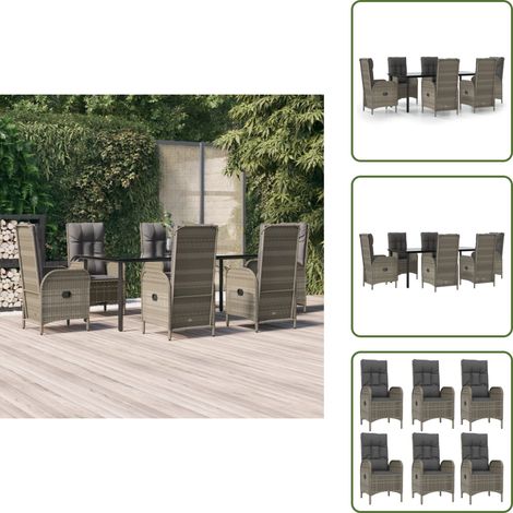 The Living Store 7-tlg. Garten-Essgruppe mit Kissen Schwarz und Grau Poly Rattan - Gartenessgruppe (1/5)