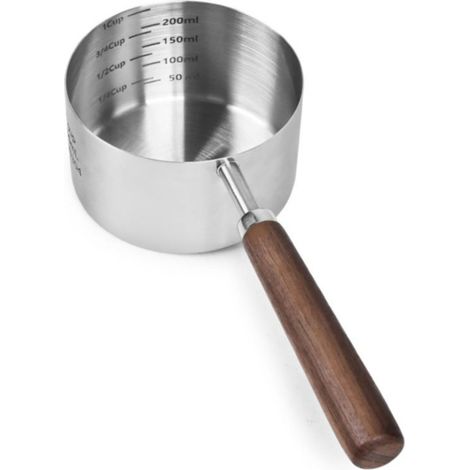 Louche à huile graduée pour un dosage précis lors de la friture et de l'utilisation au wok, pour un usage domestique, en acier inoxydable 304 avec manche en bois, couleur argent. (1/5)