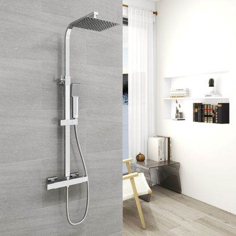Aica Sanitaire – Colonne de douche thermostatique 200mm – Kit carré chromé – Tête de douche 8 pouces réglable – Dispositif anti-brûlure intégré (1/5)