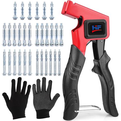 Kit Cheville Métal avec Pince, Trousse d'Outils Réglage pour Ancrage Mural Creux, 30 Chevilles pour Cloison Creuse (5 Tailles), avec Gants de Travail, Outil Manuel pour Placo, Contreplaqué (1/5)