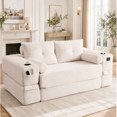 Canapé convertible 2 places 180x98x80 cm en tissu côtelé beige, modulable salon FloraGrace (1/5)