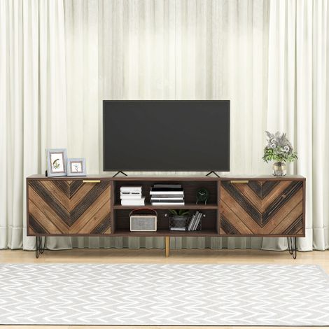 Meuble TV 155 cm bas placage bois massif, meuble de salon style industriel moderne avec poignées décoratives et pieds métalliques robustes (1/5)