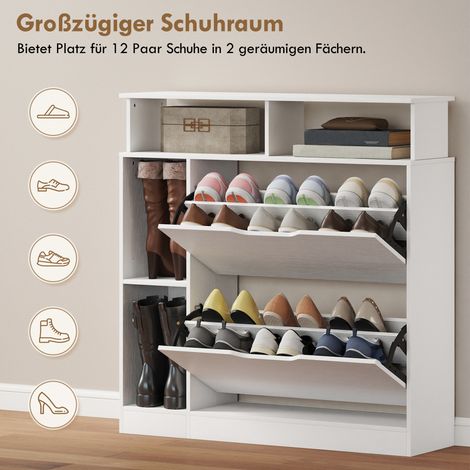 Armoire à chaussures 2 battants, range-chaussures inclinable avec étagères réglables, compartiment ouvert pour 12 paires, 89 x 25 x 92 cm, blanc (1/5)