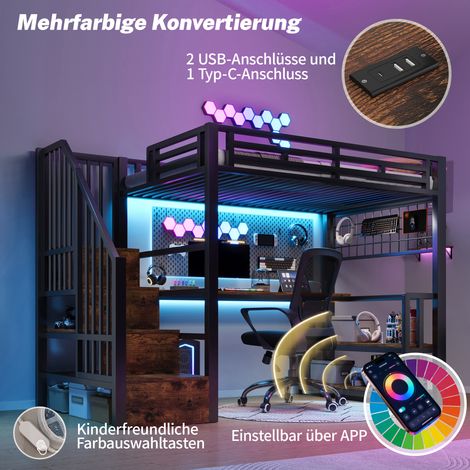 Lit minuit 90x200cm,cadre en fer,étagère et grille suspendue,bande LED,bureau,escaliers rangement,2USB+1Type-C,sans matelas,noir
