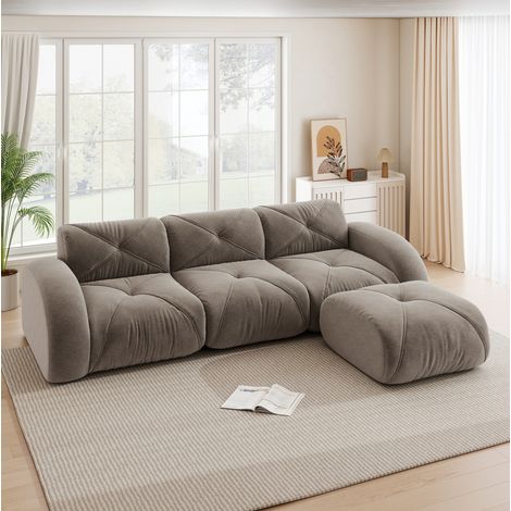 Divano modulare a L 3 posti con pouf, tessuto Chenille taupe, senza montaggio, OKWISH (1/5)