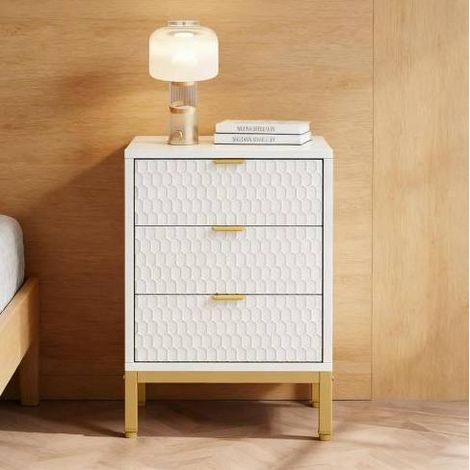 Mesita de noche de 3 cajones 50 x 40 x 65,5 cm, madera y metal, blanco y dorado, REDOM (1/5)