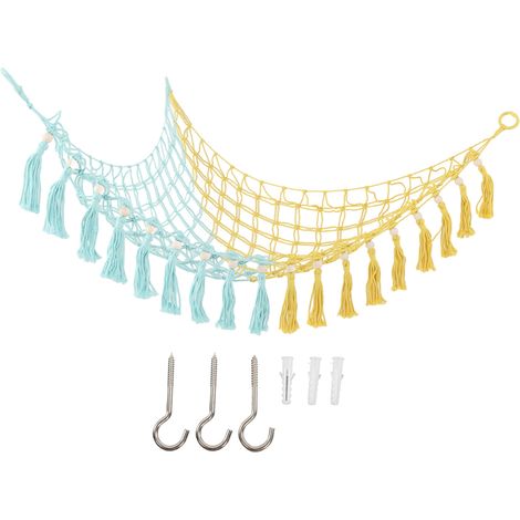 Sac à jouets suspendu en macramé, hamac triangulaire tissé pour peluches, perles en bois et pompons, décoration murale bleu et jaune (1/5)