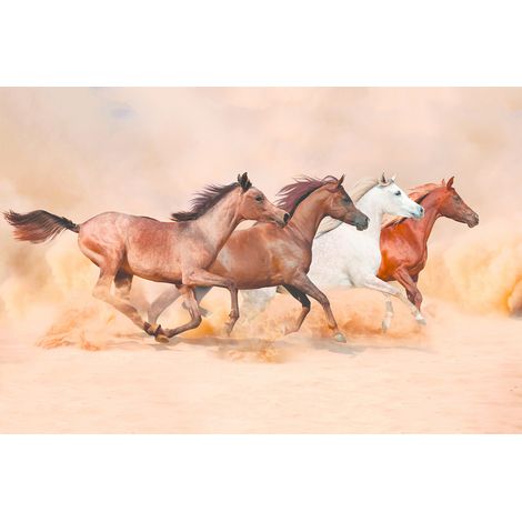 Papier peint panoramique cheval pour chambre d'enfant | Tapisserie panoramique trompe l'oeil beige et marron | Papier peint panoramique animaux - 267 x 400 cm (4 pièces) (1/2)