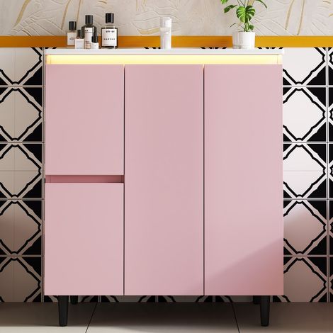 Meuble bas salle de bain rose 76×47×89 cm, meuble sous-vasque autoportant, LED radar, charnières soft-close, lavabo intégré (1/5)