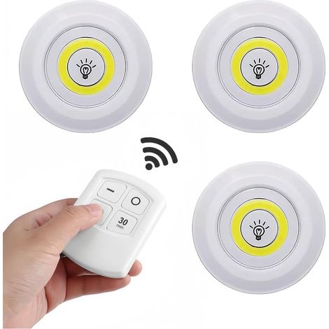 Juego de 3 lámparas con control remoto, lámpara LED blanca adhesiva a pilas (pilas no incluidas) para la cocina, el dormitorio o el baño.